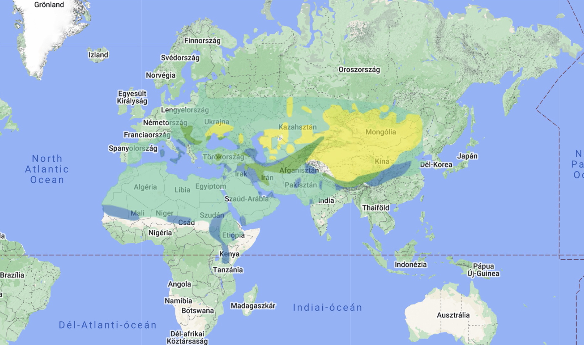 A kerecsensólyom világállományának elterjedése (forrás: BirdLife Datazone)