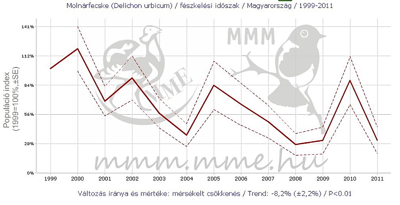 A molnárfecske állományának alakulása Magyarországon 1999-2011 között (Forrás: mmm.mme.hu)