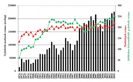 Gyűrűzött madarak száma 1974-2015