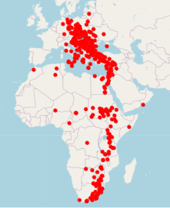 Magyar gyűrűs fehér gólyák megkerülési térképe (Madárgyűrűzési Központ)