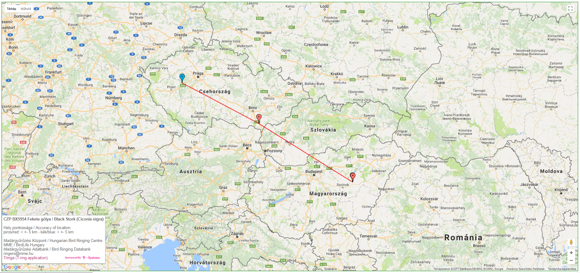 Cseh gyűrűs fekete gólya megkerülési térképe