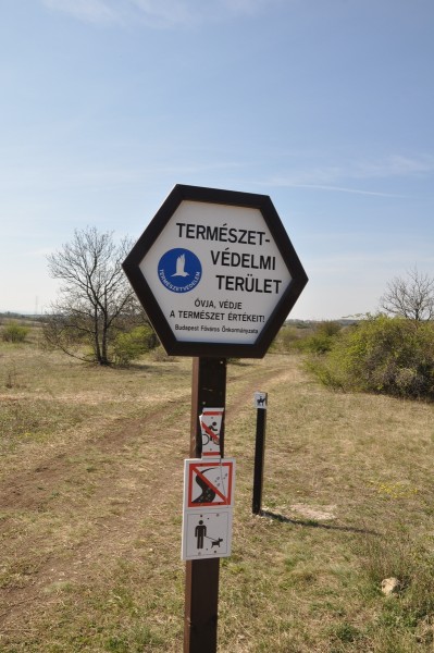 A védett területet jelző tábla és a megrongált kiegészítő táblák. (Fotó: Lendvai Csaba)