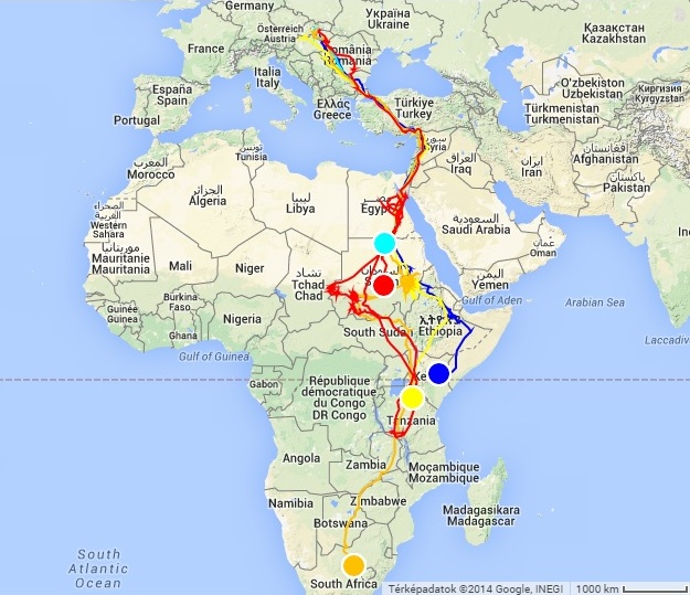 A Nílus mentén délre vonult gólyák teljes útvonala (Keszi kékkel, Nógrád türkizzel, Peter sárgával, Picur narancssárgával, Karolína pirossal jelölve) Forrás: http://www.satellitetracking.eu