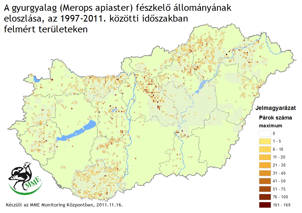 Az MME Mindennapi Madaraink Monitoringja (MMM) országos felmérési programjának adatai a gyurgyalag magyarországi területi eloszlásáról 1997-2011. között (Forrás: MME Monitoring Központ).
