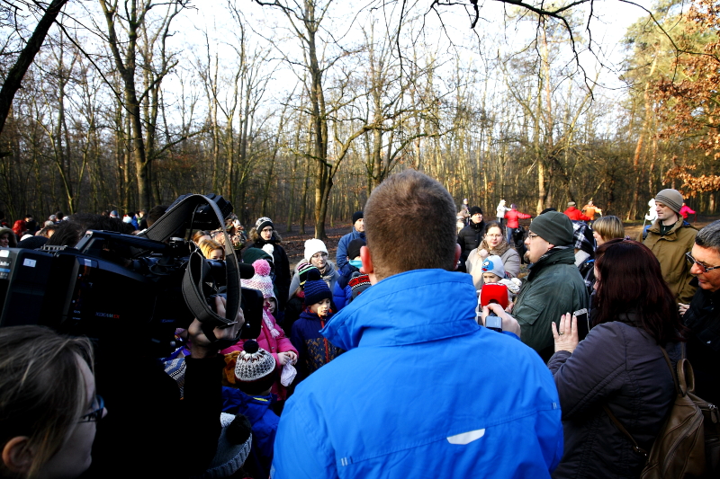 Az ATV stábja felvételeket készít az eseményről - bemutató madárgyűrűzés a fővárosi Farkas-erdőben 2015. december 29-én (Fotó: Orbán Zoltán).