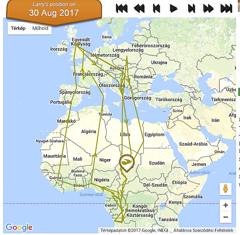 "Larry", az angol jeladós kakukk három vonulási útvonala 2015-2017.08.31 között - x térkép, katt a képre (forrás: www.bto.org).