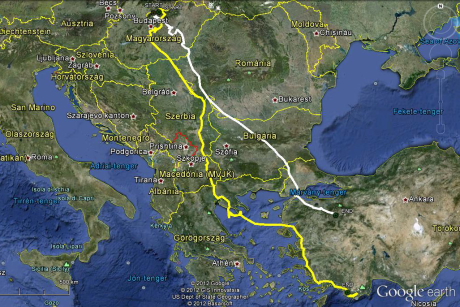 Fehér gólyák ("Zagyva" és "Duna") vonulási útvonala (Forrás: satellitetracking.eu)