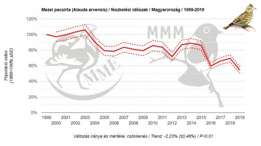 A mezei pacsirta állománya sajnos továbbra is csökken, 1999 óta 36 százalékuk eltűnt hazánkból, s 2019-ben mértük az eddigi legalacsonyabb értéket. A mezei pacsirta állománya sajnos továbbra is csökken, 1999 óta 36 százalékuk eltűnt hazánkból, s 2019-ben mértük az eddigi legalacsonyabb értéket.