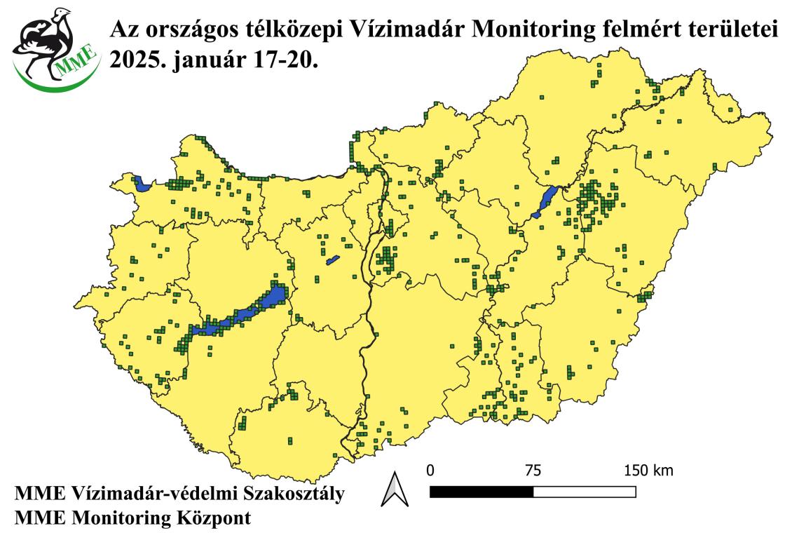 A szinkronszámlálás során felmért 2,5x2,5 km-es UTM négyzetek elhelyezkedése